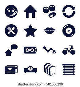 sign icons set. Set of 16 sign filled icons such as house building, tractor, sick emot, bread slices, spoon and fork, love, disc on fire, sushi, window shutter, home message