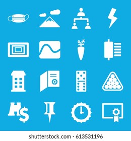 Sign icons set. set of 16 sign filled icons such as building, domino, billiards, pin, medical mask, structure, flash, photo, diploma, sundial, binoculars with dollar sign