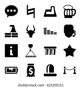 Sign icons set. set of 16 sign filled icons such as bull, fence, factory, equalizer, hook with cargo, siren, pause, broken battery, beer mug, filter, support, chat, info