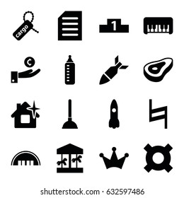 Sign icons set. set of 16 sign filled icons such as beef, barn, baby bottle, piano toy, Crown, plunger, clean house, cargo tag, pause, document, ranking, rocket bomb, rocket