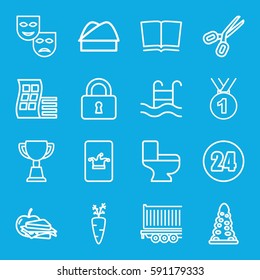 sign icons set. Set of 16 sign outline icons such as modern curved building, tunnel, Poker on phone, trophy, toilet, sandwich and apple, lock, cargo trailer, swimming pool