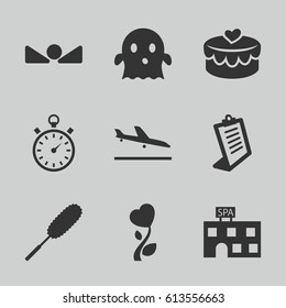 Sign icons set. set of 9 sign filled icons such as plane landing, spa building, dust brush, clipboard, ghost, heart lock, heart flower, arrow up