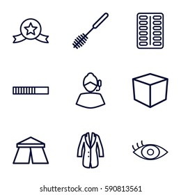 sign icons set. Set of 9 sign outline icons such as tent, toilet brush, pill, eye, jacket, box, medal with star, loading