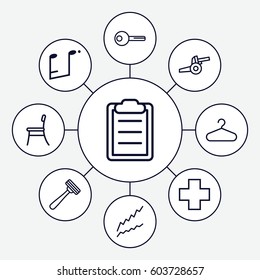 Sign icons set. set of 9 sign outline icons such as razor, hanger, medical cross, music note, clipboard, key, chair, cannon