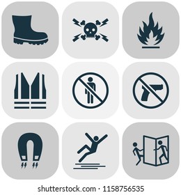 Sign icons set with boot, safety vest, strong magnetic field and other no weapon elements. Isolated vector illustration sign icons.