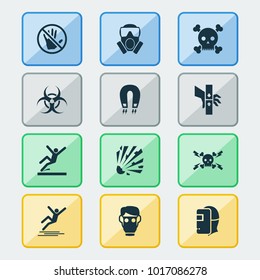Sign icons set with caution, icy surface, welder and other surface elements. Isolated vector illustration sign icons.