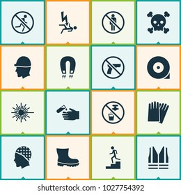 Sign icons set with hand protection, headwear, electrocution hazard electromagnetic elements. Isolated vector illustration sign icons.