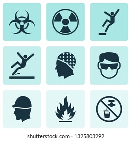Sign icons set with non potable water, slippery area, radioactive and other drinkable elements. Isolated vector illustration sign icons.