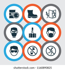Sign icons set with overhead crane, boot, barrel and other caution elements. Isolated vector illustration sign icons.