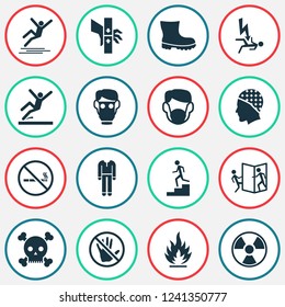 Sign icons set with respirator, beware of opening door, electrocution hazard and other defense elements. Isolated vector illustration sign icons.