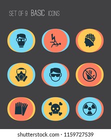 Sign icons set with respirator, poison, headwear and other risk elements. Isolated vector illustration sign icons.