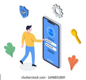 The Sign In is illustration for enter in app and website. Isometric and flat style. Man touches a mobile phone.