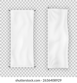 Sign illustration with horizontal banner shape textile fabric cotton hanging object vector design empty rope sheet business template realistic message advertising placard.

