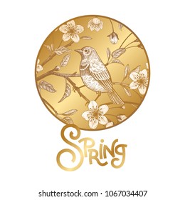 Sign with the image of a branch of Japanese cherry and bird. The inscription "Spring". Gold foil stamp on white background. Vector illustration. Art.