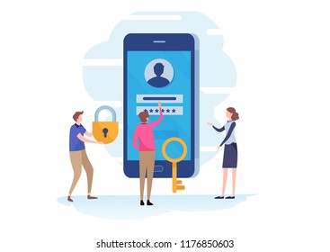 Sign In, Account Log In Page On Smartphone Screen. Password Field, Protection, Registration, Security. Flat Cartoon Miniature  Illustration Vector Graphic On White Background.