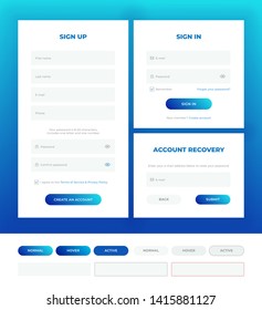 Sign in, sign up, account recovery. Login forms with web elements in different style. Material design template. UI/UX. svg