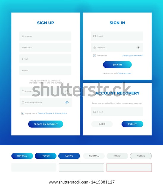 Sign\
in, sign up, account recovery. Login forms with web elements in\
different style. Material design template.\
UI/UX.
