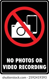 Sign indicating prohibition of photos and video recording, shown with a camera and phone crossed out with a red circle, on black background.