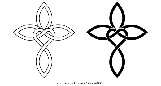 Sign of infinite love for God, heart with infinity symbol and cross, vector tattoo logo of love and faith in God, calligraphic cross