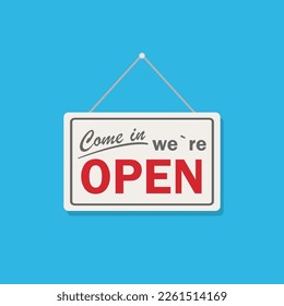 A sign with the inscription "OPEN". Flat style. Blue background. Vector graphics