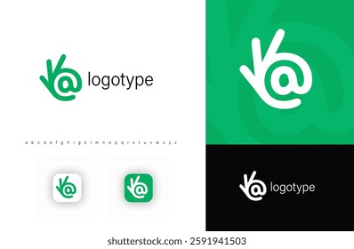 At sign integrated into OK hand gesture, representing email communication, online connectivity. Perfect for email services, messaging apps, accounting and invoice abbreviation. Vector logo.