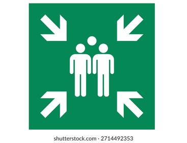 El letrero tiene por objeto indicar la ubicación del punto de montaje de evacuación. Las flechas blancas indican la ubicación de la concentración de personas para una mayor evacuación. Icono para los Sitios web, App móviles, pictograma, símbolo