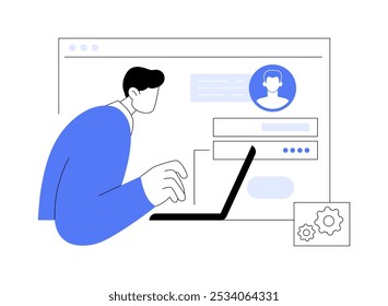 Registrarse aislado Ilustraciones vectoriales de dibujos animados. Hombre con el ordenador portátil se registra en el Sitio web, tecnología moderna de TI, software profesional, proceso de registro en la pantalla del ordenador de dibujos animados Vector.