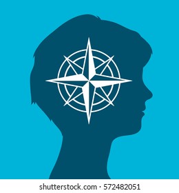 Sign of an isolated female head silhouette icon with a compass rose, vector illustration