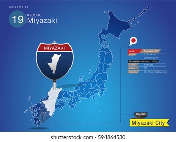 Sign of Japan in Road Style on Map JAPAN.
MIYAZAKI Prefecture with Information Area Ranked & Capital City Name, vector art image illustration
