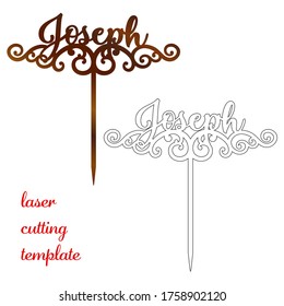 Sign 'Joseph' cake toppers for laser or milling cut. Cut for decoration design. Name topper. Holiday greeting. Elegant decoration. Laser cut. Isolated design element