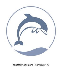 Sign jumping in the sea dolphin. Symbol dolphin in circle. Logo template isolated on white background. Vector illustration