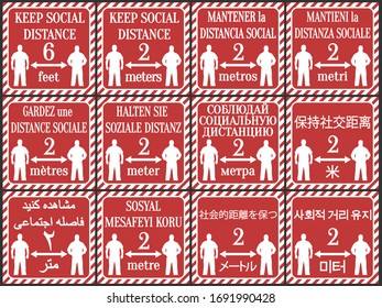 Sign Keep a social distance of 2 meters (6 feet) in Spanish, Italian, French, German, Russian, Chinese, Persian, Turkish, Japanese and Korean