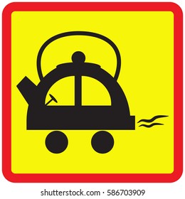 Sign kettle on wheels. Sticker on the car.
