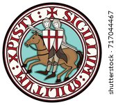 Sign Of The Knight Templars. Two knight Crusader on horseback with spears, in a circle from the text of the slogan of the knights Templar, isolated on white, vector illustration