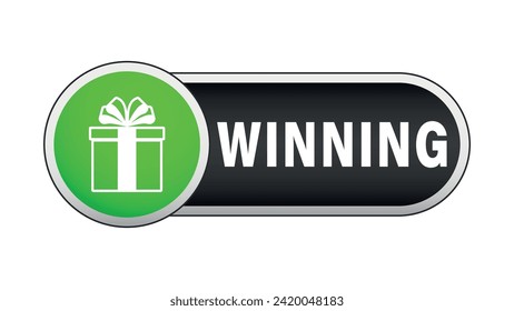 Sign, label button with gift box and lettering winning.