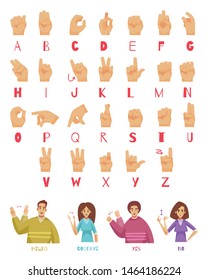 Sign language alphabet set with deaf people talking symbols flat isolated vector illustration