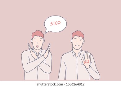 Sign language, call to stop, prohibition gesture concept. Communication, dialogue, refusing, giving up, ban, tabu, young man saying stop, denying guy and speech cloud. Simple flat vector