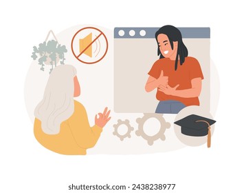 Clases de lenguaje de señas concepto aislado ilustración vectorial. Estudiar traducción de lenguaje de señas, comunicación básica sin voz, clases en línea de habla silenciosa, aprender el concepto de vector de alfabeto de gestos.