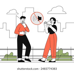 Sign language concept. Deaf man and woman communicate in sign language on street. People with disability. Communication problems. Linear flat vector illustration isolated on white background