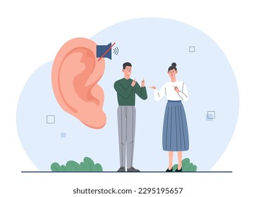 Sign language concept. Man and woman communicate near crossed out ear. Interactions of people with disabilities and deafs. People talking with hand gestures. Cartoon flat vector illustration