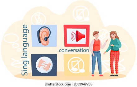 Sign Language Conversation Modern Teaching Method. Education For People With Disabilities. Webinar Sign Language Training Group For Deaf People Education Via Internet Finger Language Session