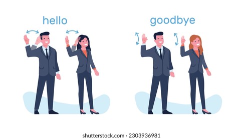 Sign language of deaf people, man and woman showing greeting and farewell phrases. Hand gestures hello and goodbye, business people greet. Cartoon flat style isolated