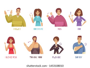 Sign language expressions set with people talking symbols flat isolated vector illustration 