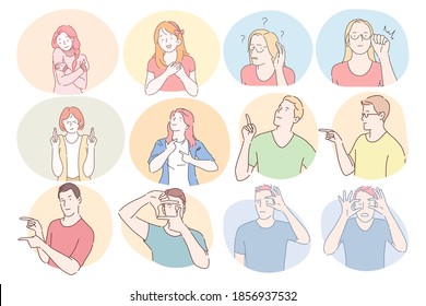 Sign language, gestures, hands communication concept. Young boys and girls cartoon characters showing hugs, hope, thankfulness, shock and pointing both finger to different sides illustration 