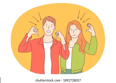 Sign language, gestures, hands communication concept. Young smiling couple cartoon characters standing, pointing on themselves with fingers showing strength and power 