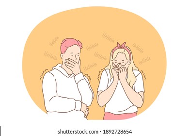 Sign language, gestures, hands communication concept. Young boy and girl cartoon characters standing, covering face and lips with hands during laughing and trying to stop and hide 