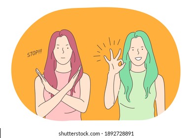 Sign language, gestures, hands communication concept. Young smiling girl cartoon character standing and expressing stop refusal and good ok signs with fingers vector illustration 