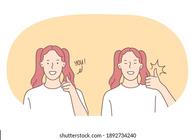 Sign Language, Gestures, Hands Communication Concept. Young Smiling Girl Cartoon Character Pointing At Camera Or Person To Talk And Showing Thumbs Up Sign With Approval With Fingers 