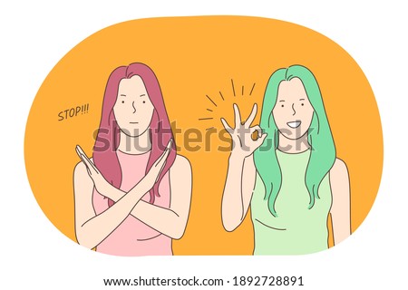 Sign language, gestures, hands communication concept. Young smiling girl cartoon character standing and expressing stop refusal and good ok signs with fingers vector illustration 