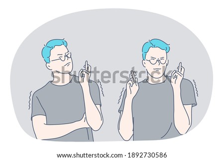 Sign language, gestures, hands communication concept. Young man cartoon character standing, crossing fingers and expressing hope and superstition vector illustration 